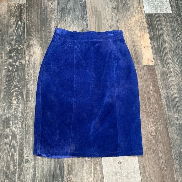 Don’t Stop Blue Suede Leather Mini Skirt High Waisted Sz 6 Y2K 80’90’s vintage - Picture 1 of 10